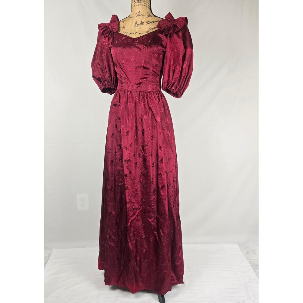 Vintage 80s Burgundy Floral Satin Jacquard Gown ILGWU Union Made Prom Dress 7-8 - Picture 8 of 16
